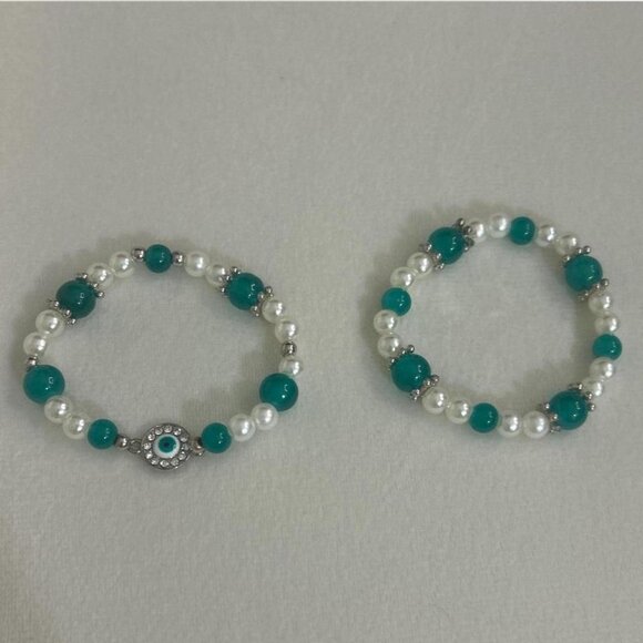 Turquoise and Silver Evil Eye Bracelet Set - Picture 2 of 4